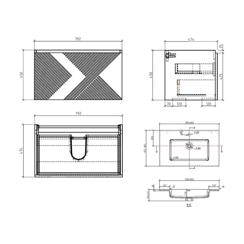 MUEBLE CON LAVATORIO SUSPENDIDO ZURICH BLACK 80X48X45 CM