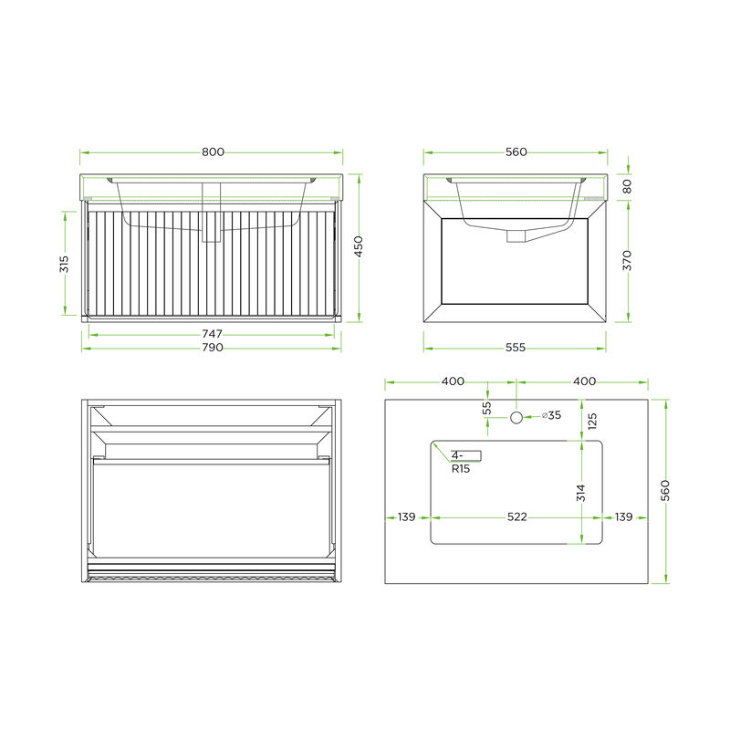 MUEBLE CON LAVATORIO SUSPENDIDO MORANDI GREEN 80X56X45 CM