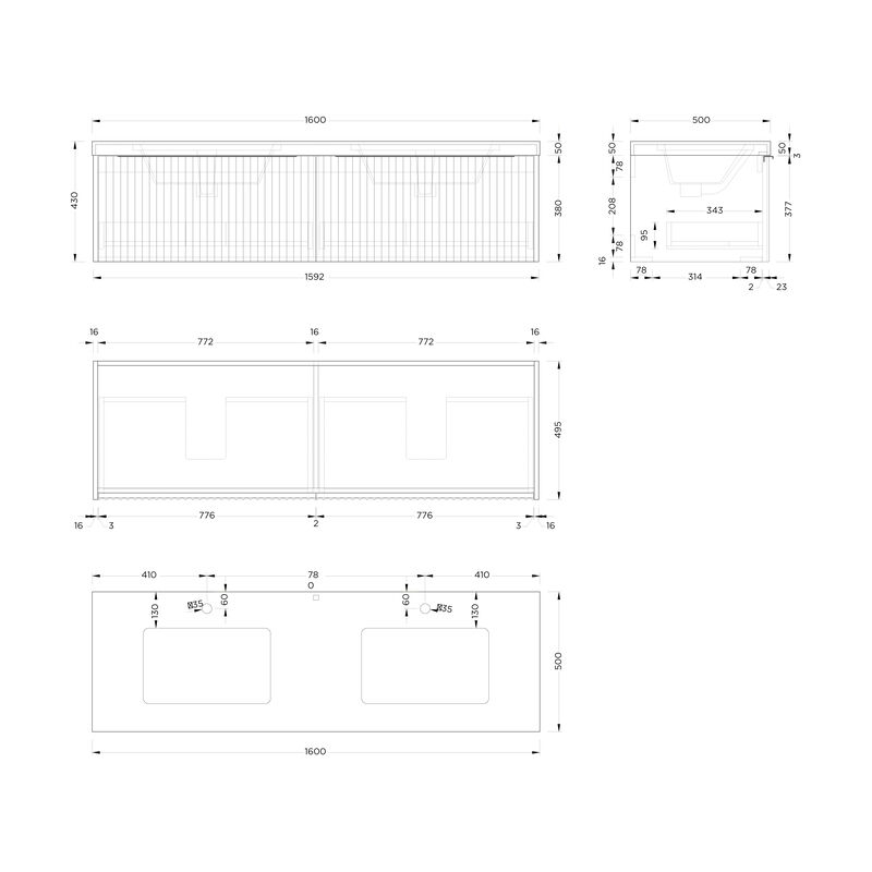 MUEBLE CON LAVATORIO SUSPENDIDO BARCELONA DOBLE WHITE 159X49.5X38 CM