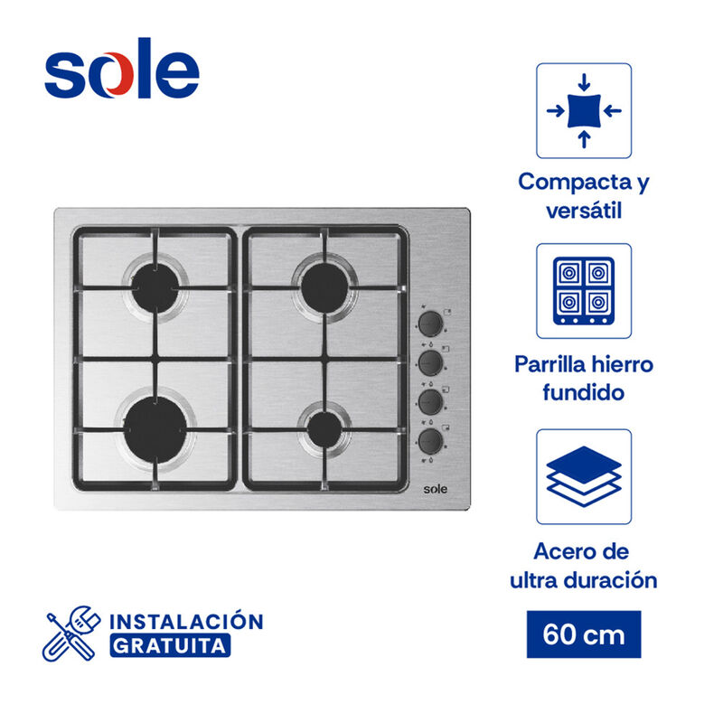 ENCIMERA A GAS SOLCO048V2 60 CM 4 QUEMADORES 65X45 CM