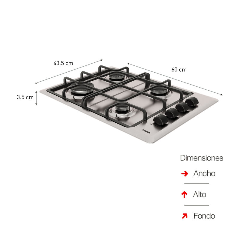 COCINA A GAS A GAS ACERO INOXIDABLE DOMÉSTICO 4 QUEMADORES 60x43.5