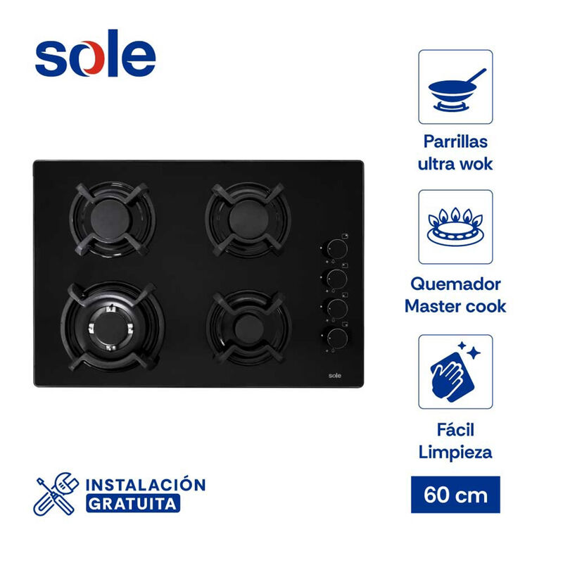 COCINA A GAS SOLCO047V3 VIDRIO TEMPLADO DOMÉSTICO 4 QUEMADORES 65CM
