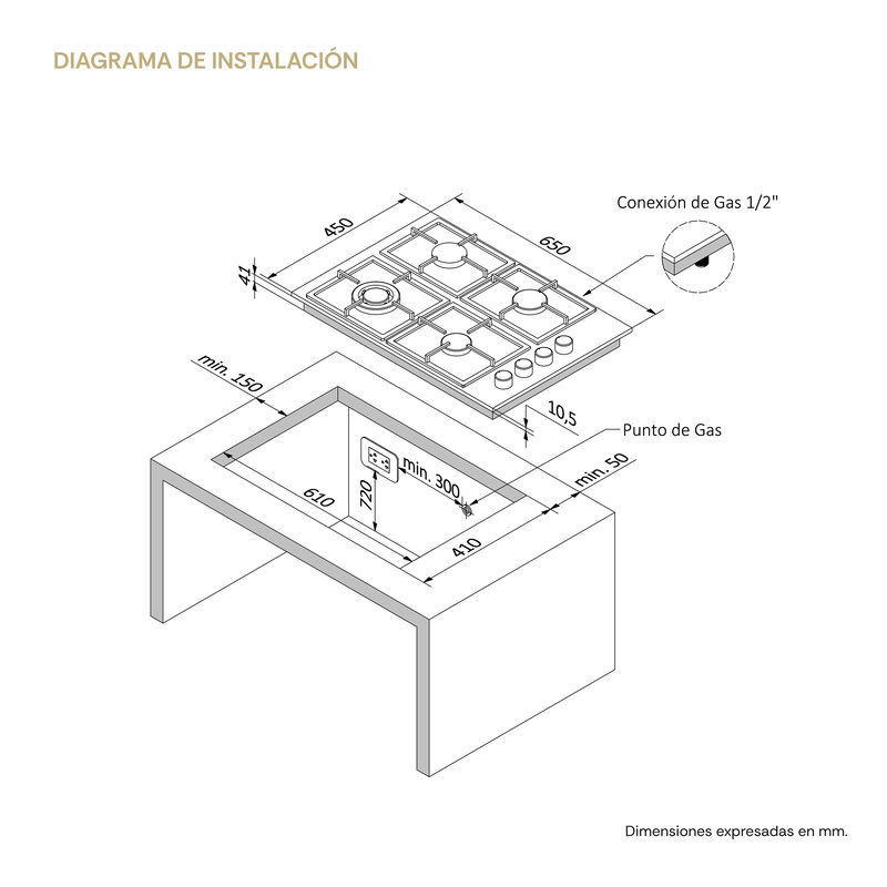 ENCIMERA A GAS DESIGN 60 CM 4 QUEMADORES 65X51 CM