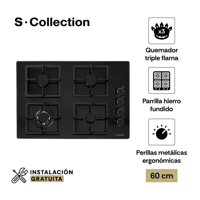 ENCIMERA A GAS DESIGN 60 CM 4 QUEMADORES 65X51 CM